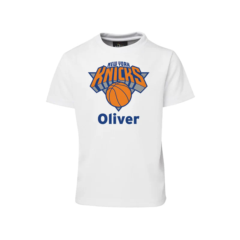 New York Knicks sublimation t-shirt with team logo and custom name on white cotton shirt