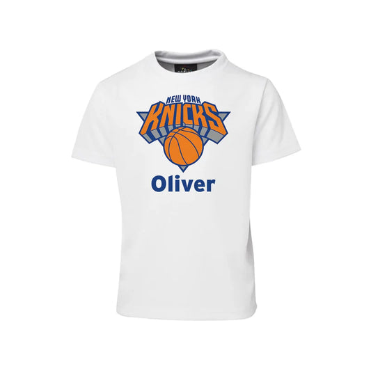 New York Knicks sublimation t-shirt with team logo and custom name on white cotton shirt