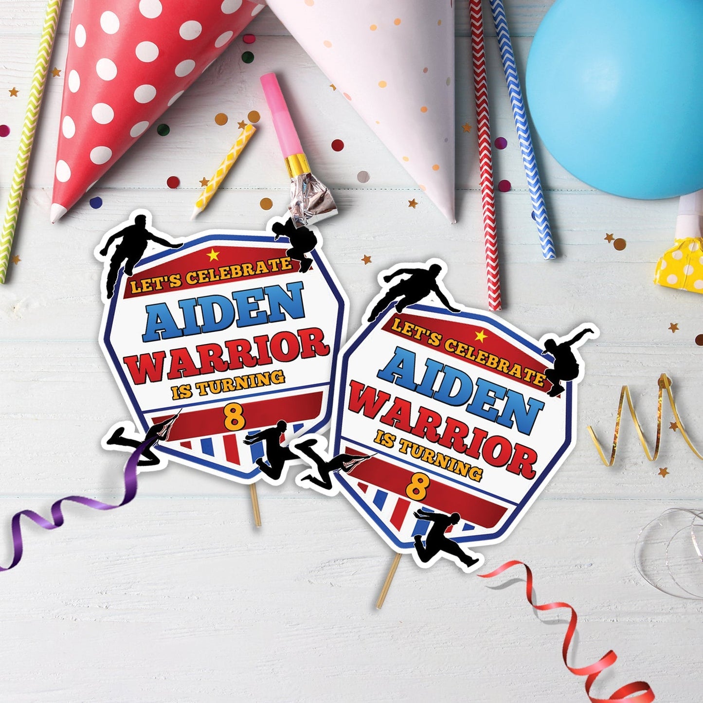 Action Ninja Birthday Decorations, ANW Party Supplies, Ninja Warrior Junior Themed, Obstacle Sport Digital Template, Editable Ninja Warrior Image SVG PNG