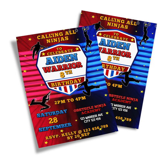 Ninja Warrior themed personalized birthday card invitations