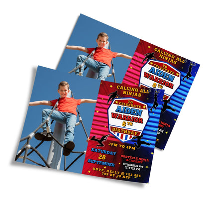 Ninja Warrior themed personalized photo card invitations