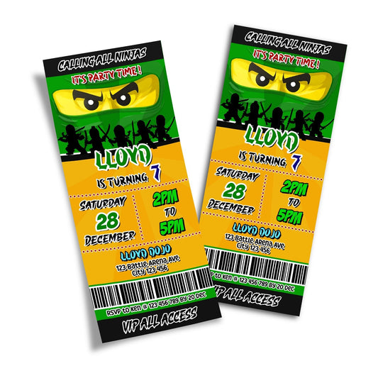 Personalized Ninjago birthday ticket invitations