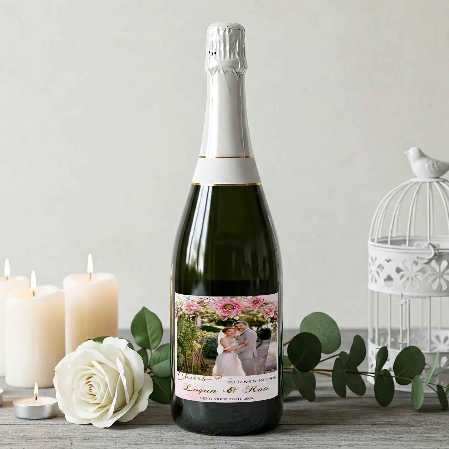 Pink Peony Wedding Wine Label with Photo