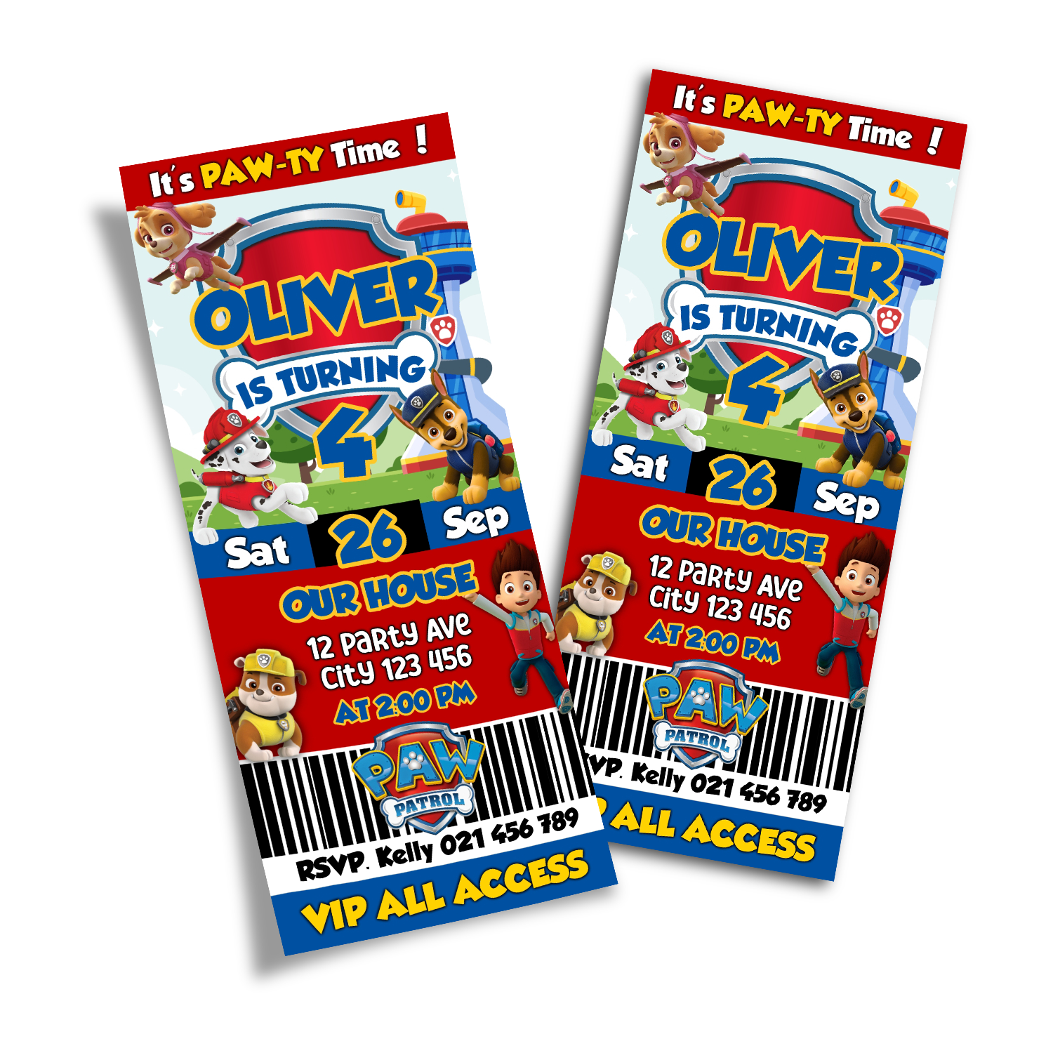 Paw Patrol themed Personalized Birthday Ticket Invitations