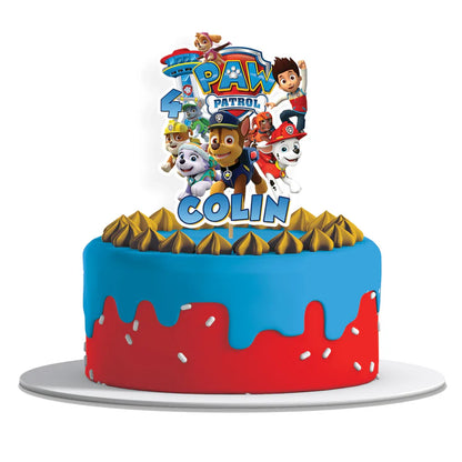Paw Patrol cake toppers with bold colors and character cutouts flat lay