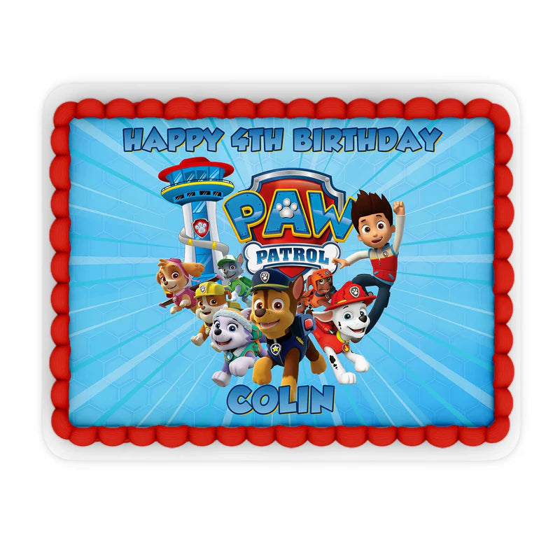 Paw Patrol sheet cake topper with vibrant print on white icing sheet