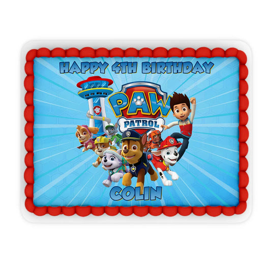 Paw Patrol sheet cake topper with vibrant print on white icing sheet