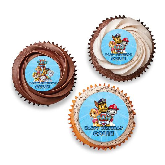 Paw Patrol cupcake toppers with characters and circular design layout