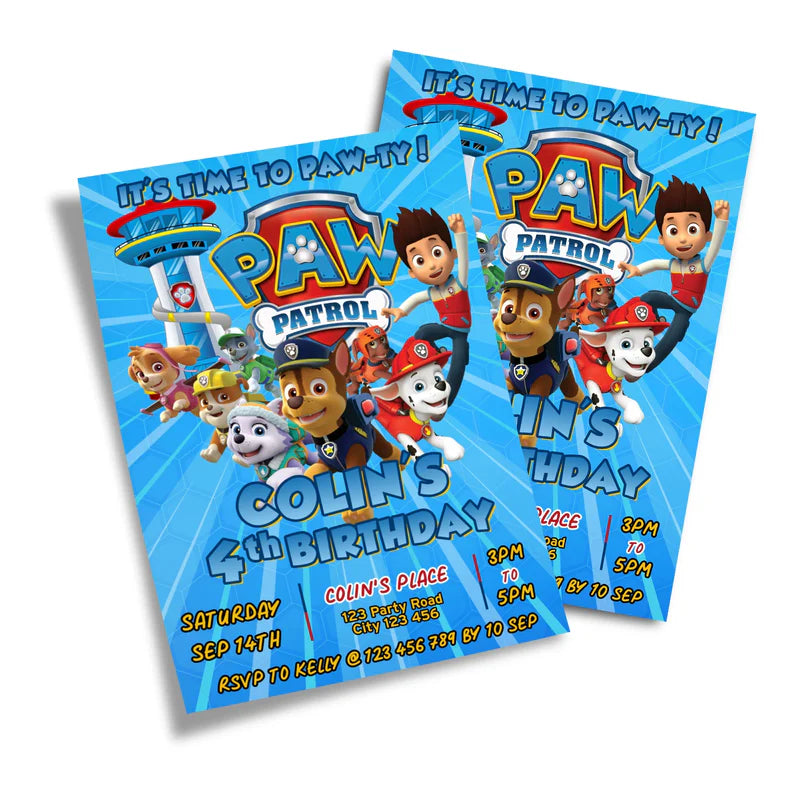 Paw Patrol birthday card invitations with character border and colorful text