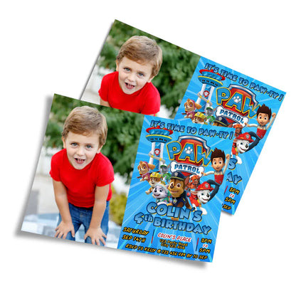 Paw Patrol photo card invitations featuring child photo and themed design