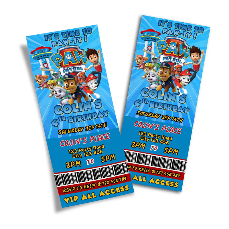 Paw Patrol birthday ticket invitations with bold colors and event details