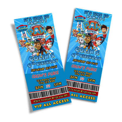Paw Patrol birthday ticket invitations with bold colors and event details