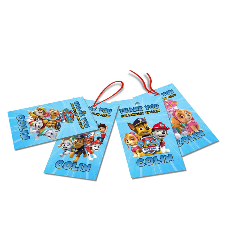 Paw Patrol thank you tags with character artwork and hole punch corner