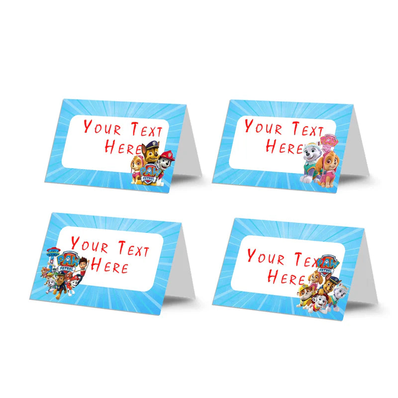 Paw Patrol food cards with editable labels and themed color palette