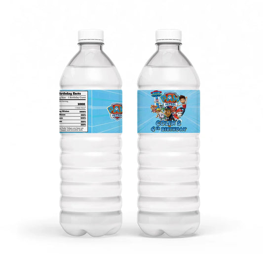 Paw Patrol water bottle label with character graphics and editable text