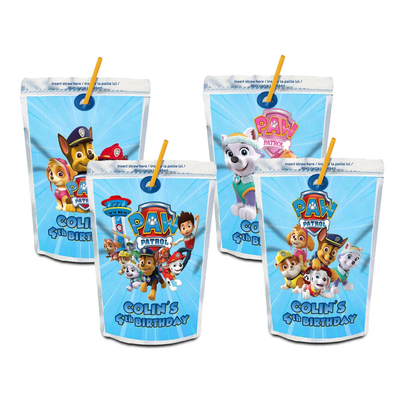Paw Patrol juice pouch label with bold design and full-wrap layout