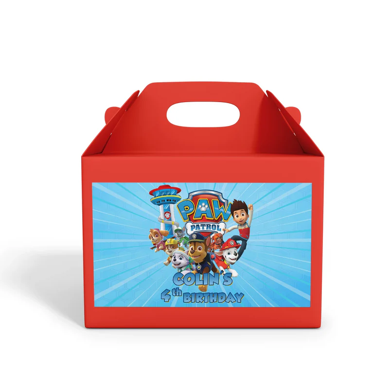 Paw Patrol treat box label with cute characters and pastel color scheme