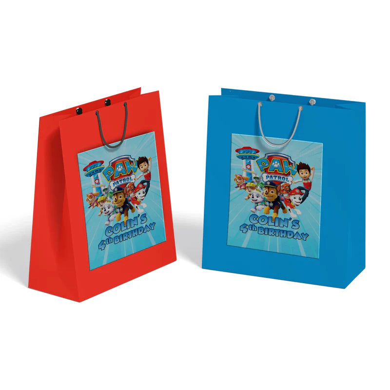 Paw Patrol goodie bag label featuring personalized name and themed icons