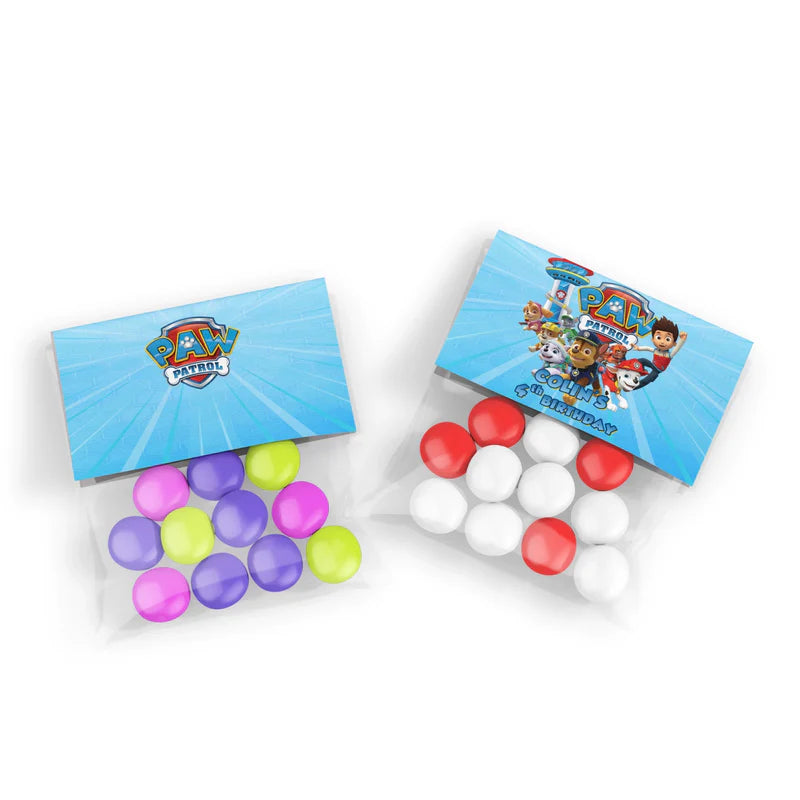 Paw Patrol treat bag topper label with foldable layout and character icons