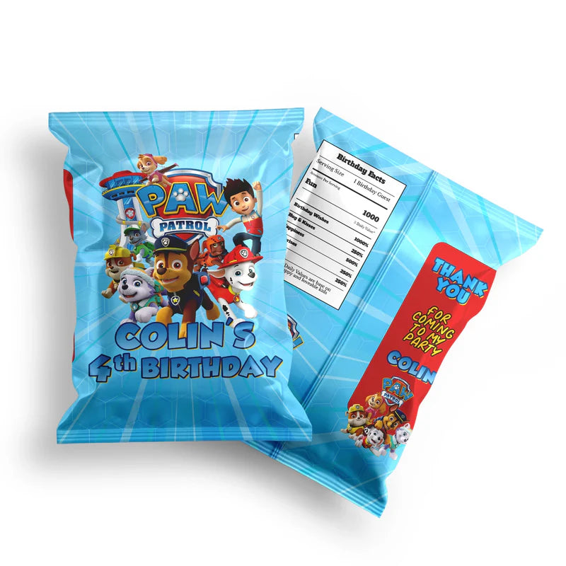 Paw Patrol chips bag label with fun graphics and editable party text