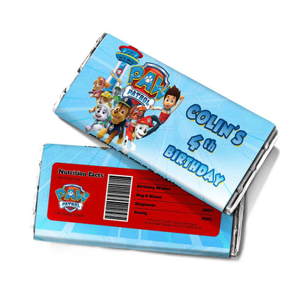 Paw Patrol chocolate label with wrappers for mini bars and themed art