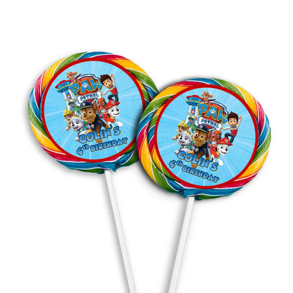 Paw Patrol lollipop label with round design and colorful graphics