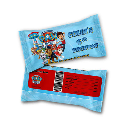 Paw Patrol Skittles label with bright background and custom message