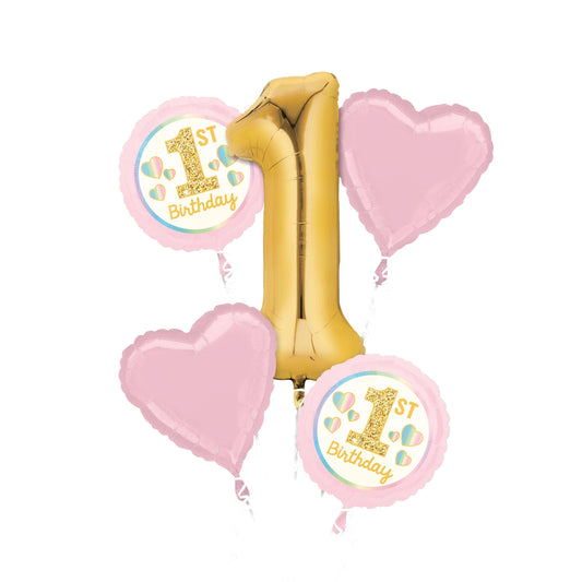 "1st Birthday" Star/Round Satin Foil Balloon Bouquet, Pink/Gold, 5-pk for Birthday Party