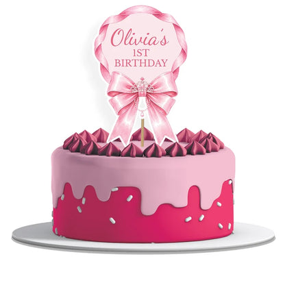 Pink Bow personalized cake toppers featuring delicate ribbon bow graphics on a modern dessert t display