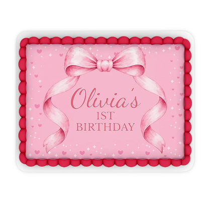 Pink Bow custom sheet cake images showing a charming birthday layout on a large rectangle cake