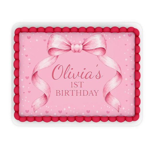 Pink Bow custom sheet cake images showing a charming birthday layout on a large rectangle cake