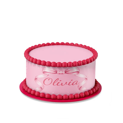 Pink Bow custom cake strips with soft pink ribbon patterns displayed neatly on a clean white background