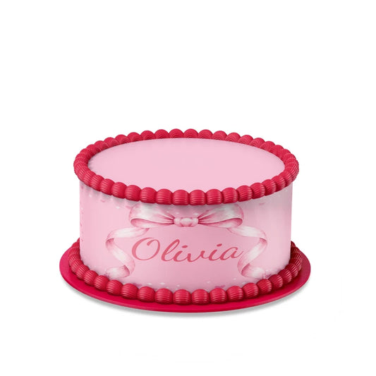 Pink Bow custom cake strips with soft pink ribbon patterns displayed neatly on a clean white background