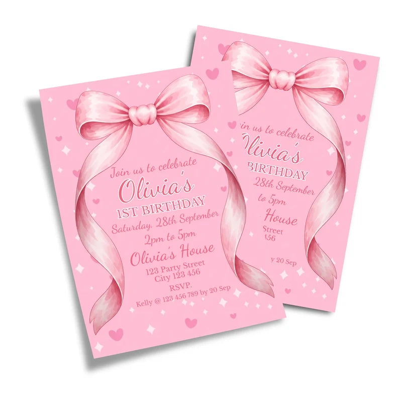 Pink Bow birthday card invitations displaying a pastel ribbon template layout on a minimal background