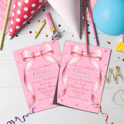 Cute Pink Bow Birthday Decorations, Pastel Pink Bow Party Supplies, Pink Bow Themed, Pink Bow Digital Template, Editable Pink Bow Image SVG PNG