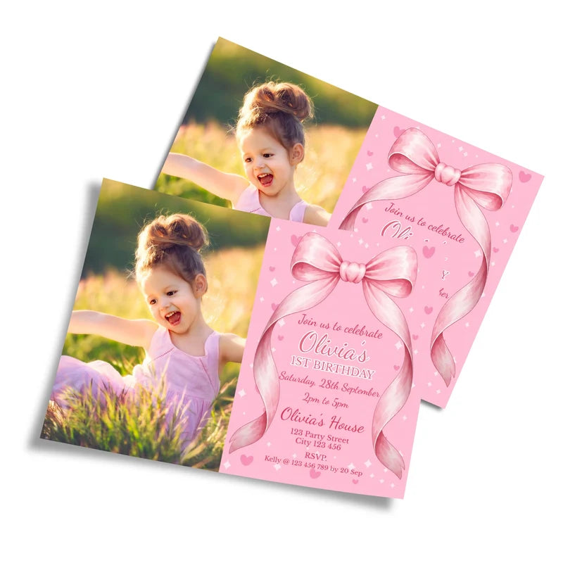 Pink Bow photo card invitations featuring a custom picture frame layout on a clean studio background
