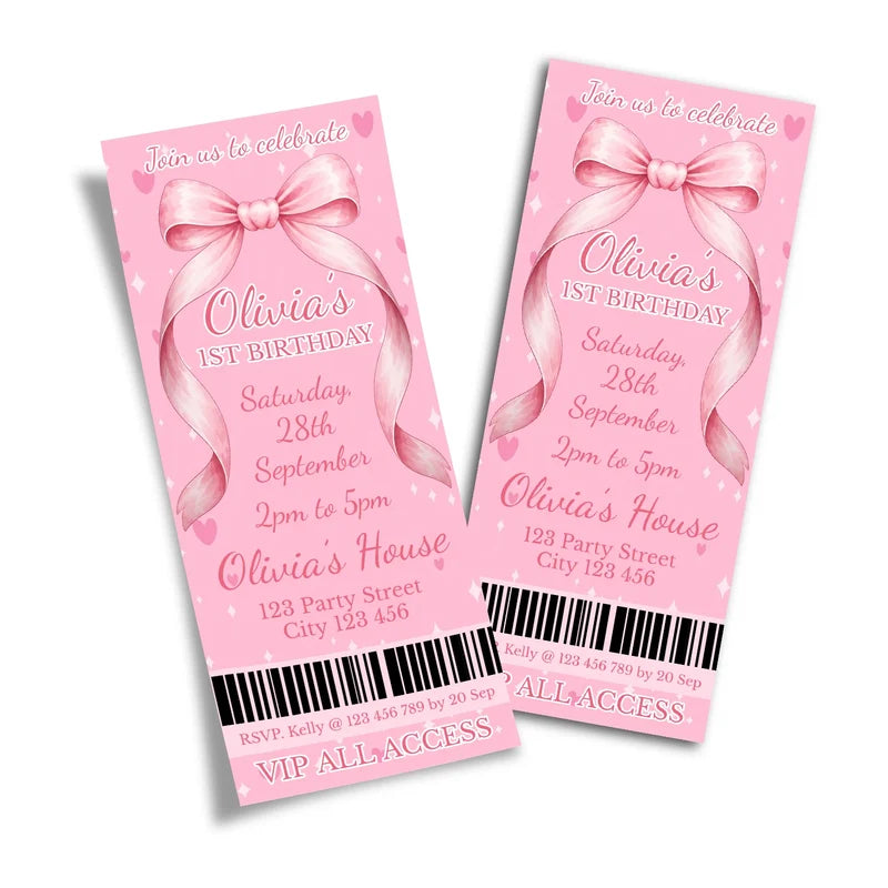 Pink Bow birthday ticket invitations showing an elegant event pass style layout with bold typography