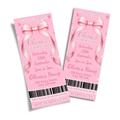 Pink Bow birthday ticket invitations showing an elegant event pass style layout with bold typography