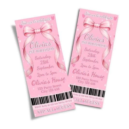 Pink Bow birthday ticket invitations showing an elegant event pass style layout with bold typography