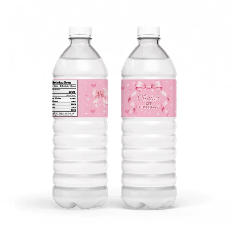 Pink Bow water bottle label wrap showing a soft pink party theme layout on a clear plastic bottle