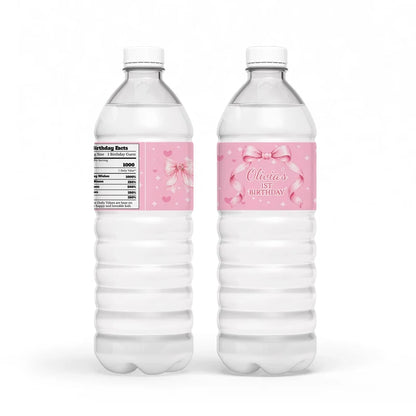 Pink Bow water bottle label wrap showing a soft pink party theme layout on a clear plastic bottle