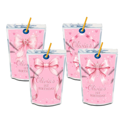 Pink Bow juice pouch label mockup featuring a charming birthday design attached to a silver pouch