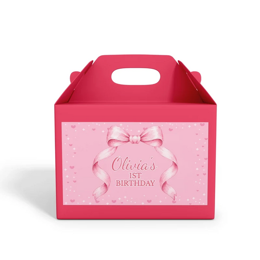 Pink Bow treat box label showing a soft pink custom design layout on a mini favor box container