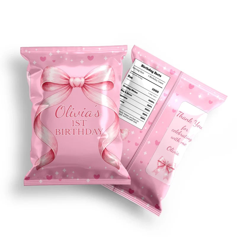 Pink Bow chips bag label mockup displaying a custom snack bag layout on a clean background