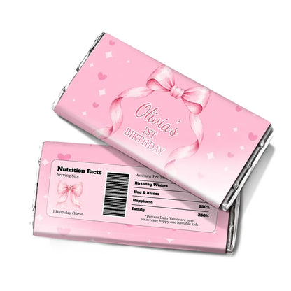 Pink Bow chocolate label wrap featuring a candy bar packaging layout against a white surface