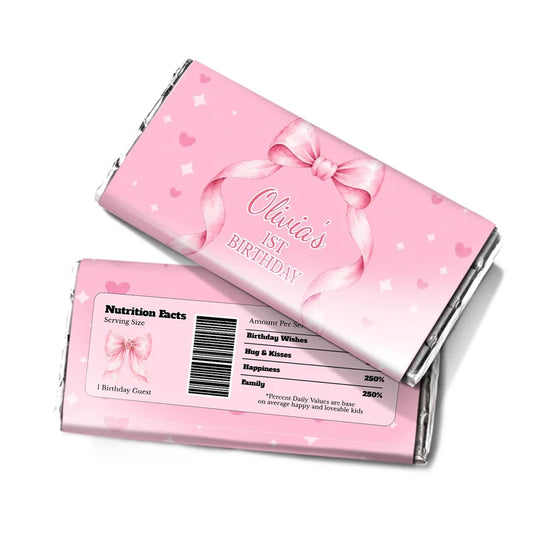 Pink Bow chocolate label wrap featuring a candy bar packaging layout against a white surface