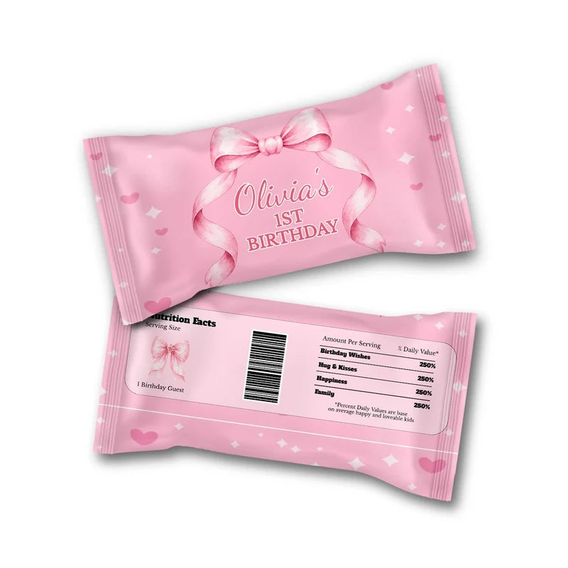 Pink Bow M&M Chocolate label wrap showing a soft pink candy packaging layout displayed on a neat ttop