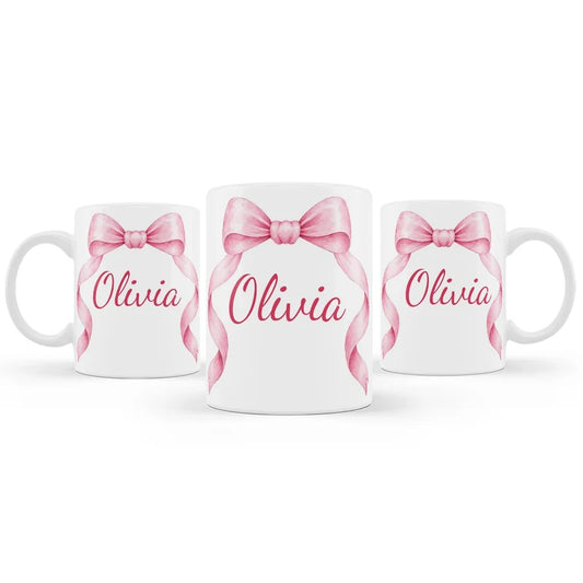 Pink Bow sublimation mug design featuring a graphic layout wrapped around a white ceramic mug