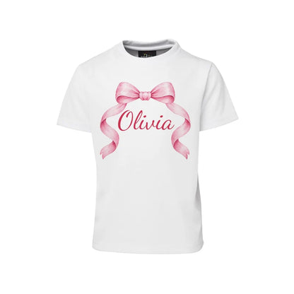 Pink Bow sublimation T-shirt mockup showing a graphic layouted on a white cotton shirt