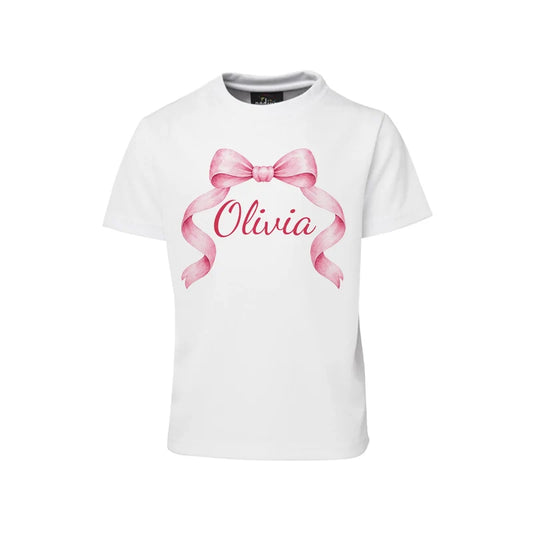 Pink Bow sublimation T-shirt mockup showing a graphic layouted on a white cotton shirt